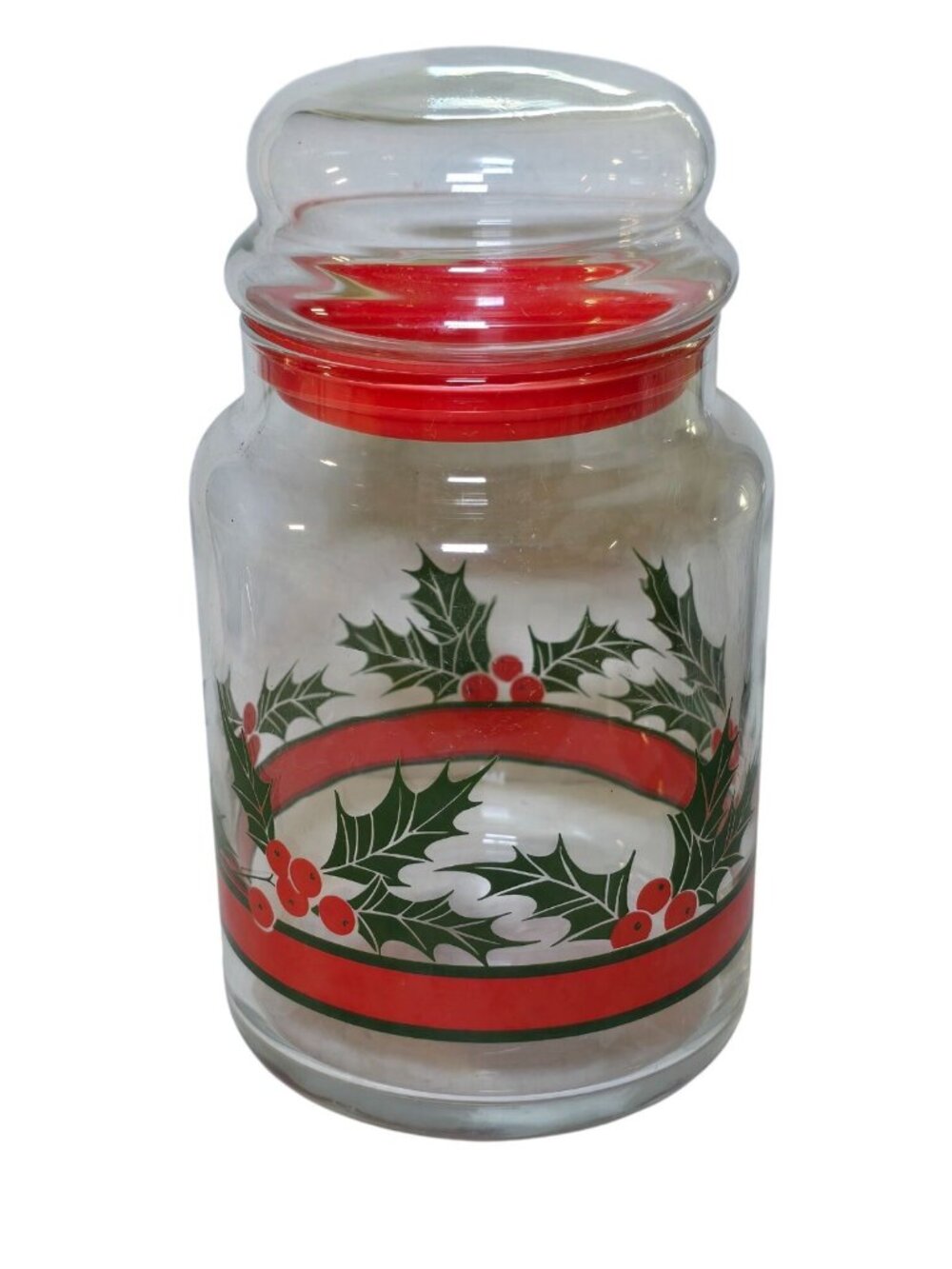 Vintage Libbey Holly Berry Christmas Candy Jar Clear Glass Canister Red Green